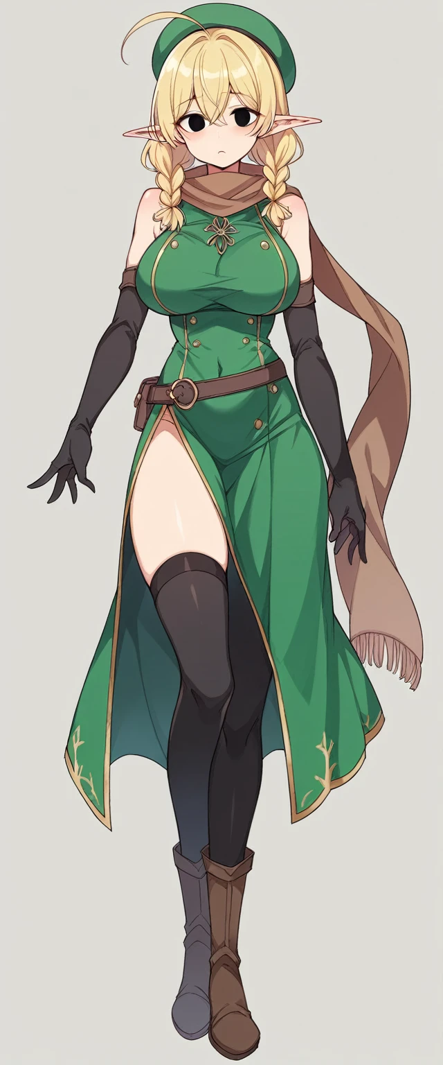 Elf、1 female、women only、short hair、twin braids、ahoge、blonde、(thin)、Big Breasts、Tall、empty eyes、black eye、Black elbow gloves、((black thigh highs))、Small black beret、Brown scarf、Green dress、Brown boots、((full body))、whole body、Are standing、thin太もも、shoulder、belly button、isekai、fantasy、front