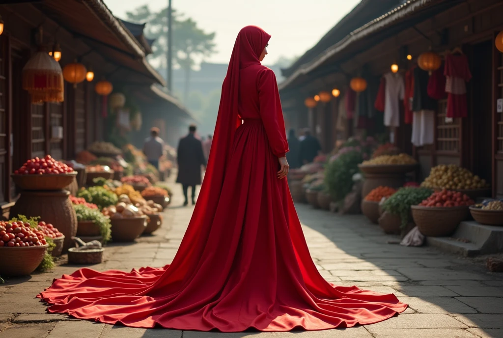 A woman shrouded in a 9-meter-long, plush red satin cloth, tightly bound and grandly draping along the form of her body, flowing off into a pooled floor-length train, styled in a mermaid-inspired outfit with ballon sleeve, her head modestly veiled in a satin hijab, tall woman, walk in wet traditional market, a full-body pose conveying a sense of elegance, captured in a 4k resolution, ultra-realistic