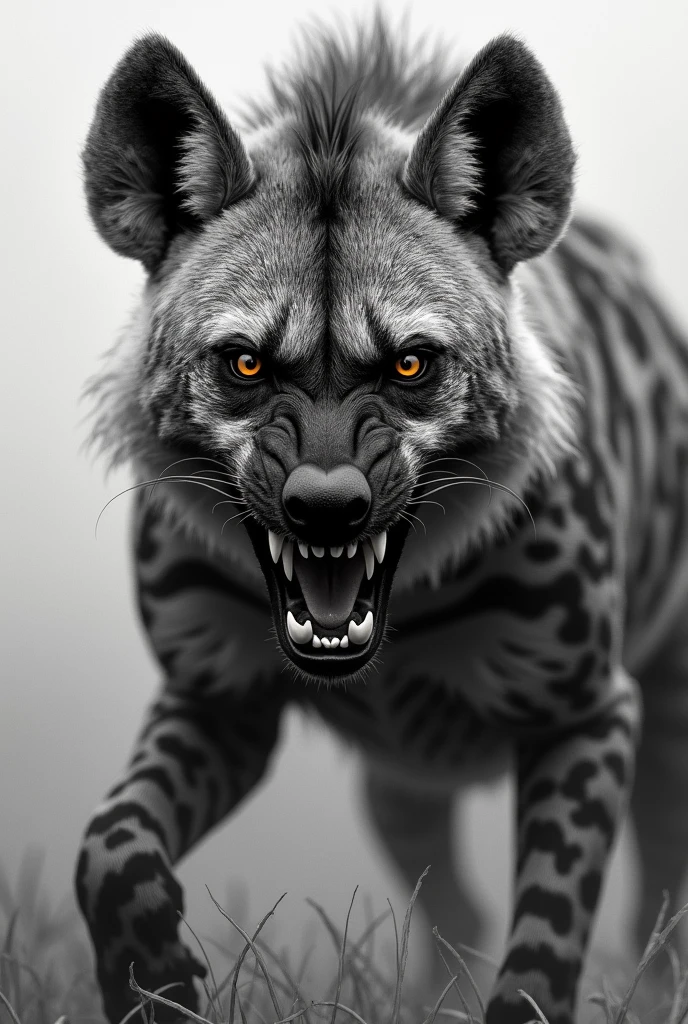 Imagine a black and white striped hyena, she is growling from the front, Enraged. His eyes are yellow with anger, she proves to be dangerous and proud