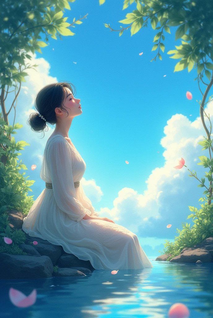 A beautiful girl sitting in nature, gazing at sky, with a serene and peaceful expression, detailed digital art, vibrant colors, animated, like anime