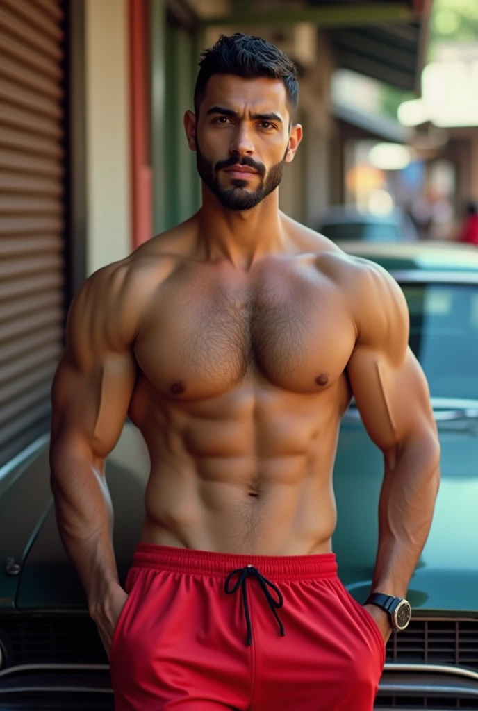 naughty man, Lebanese traits, beautiful face, whisker, sem beard, sculpted body, no fur, in red dryfit shorts, in the bras sao paulo, wearing no shirt, leaning against his 90s car, drlight smile, a unique beauty, tora a barba edeixa só whisker, red shorts leaning against the car at the 25 de março market in São Paulo, shorth hair, sem beard
