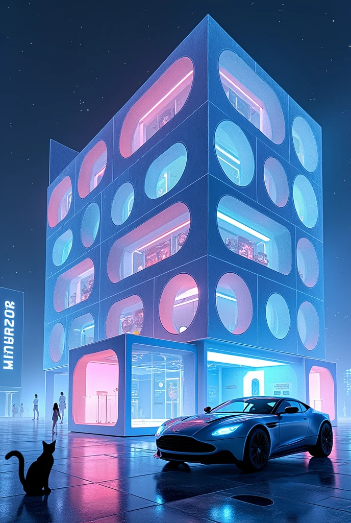 Futuristic Building Fourth dimensional building Blue and pink glass
low Complex Museum Particle Computer SF Circles and Squares Transparent tablet advertising in front of a building Letters made of blue light Computer Aston Martin Cat