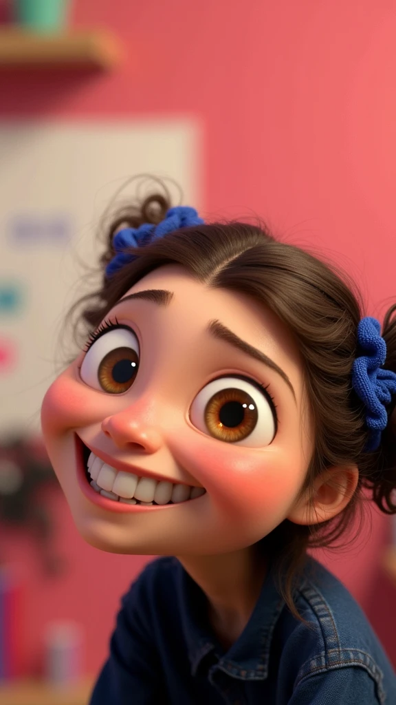 Create what the character Riley from Inside Out 2 would look like if she were in college with curly brown hair and brown eyes with a hairstyle with blue scrunchies, Grinning