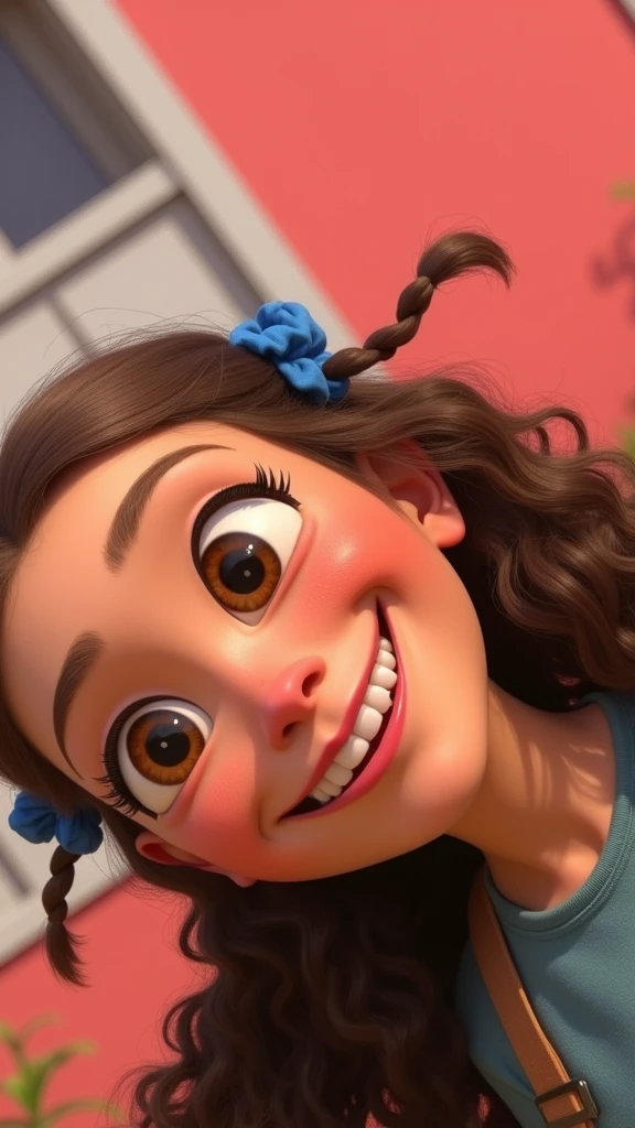 Create what the character Riley from Inside Out 2 would look like if she were in college with curly brown hair and brown eyes with a hairstyle with blue scrunchies, Grinning 