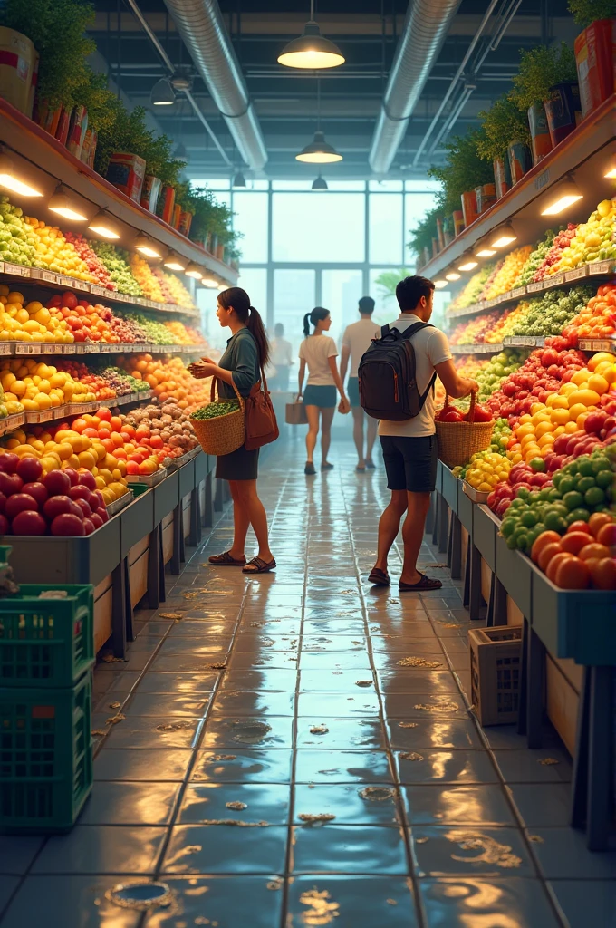 Wet floor in a fruit and vegetable store
