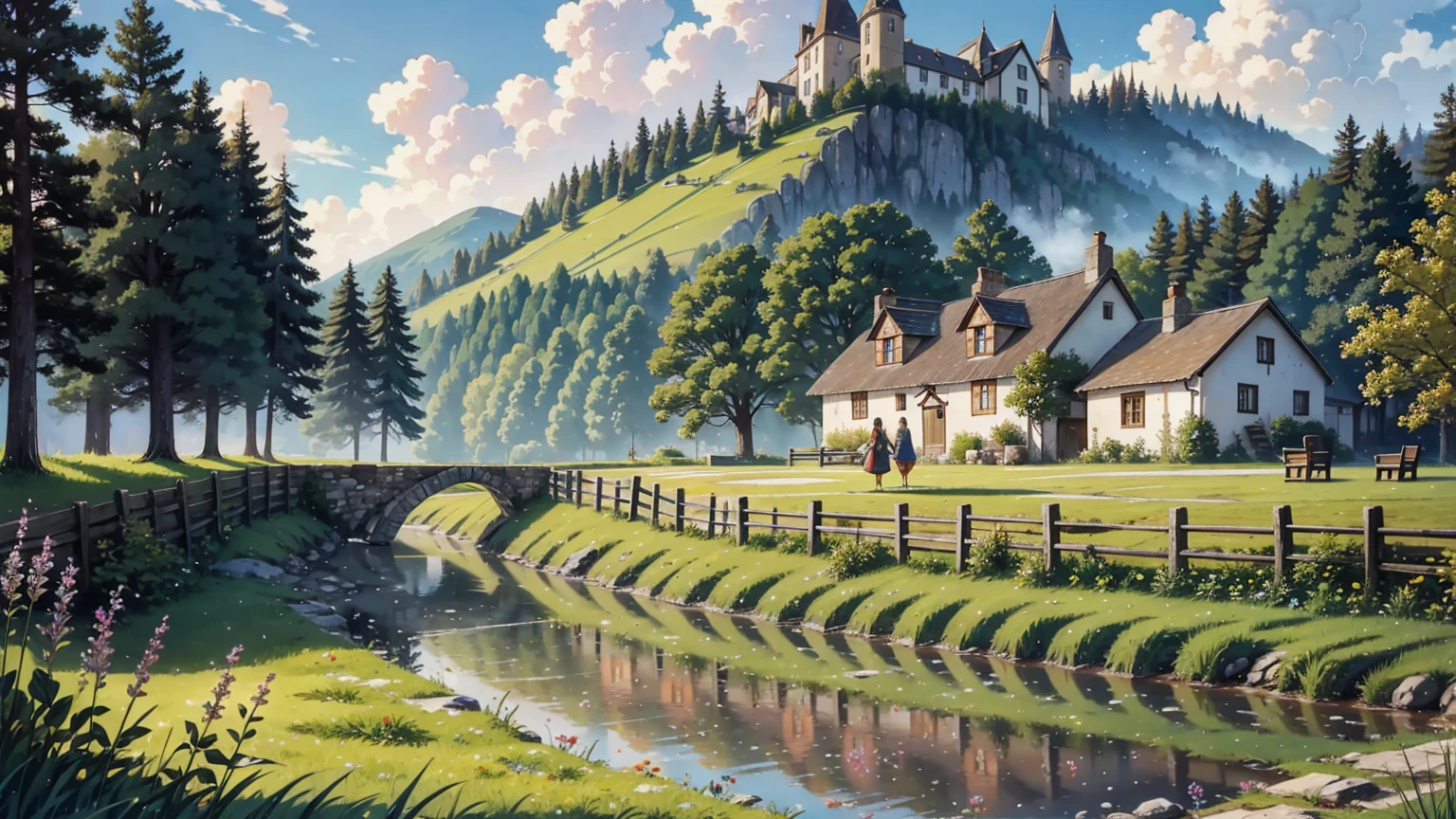 A remote, medieval village nestled in a fantasy landscape, perfect for a setting inspired by Celtic music. The village consists of several quaint cottages with thatched roofs, surrounded by lush green fields and dense forests. In the foreground, a young village maiden stands, wearing a simple but charming dress typical of the medieval era. She has long, flowing brown hair and a gentle expression, holding a basket of freshly picked wildflowers. Behind her, villagers go about their daily chores, while children play near a small, bubbling stream that runs through the village. In the background, rolling hills and a distant castle can be seen under a soft, cloudy sky. The atmosphere is peaceful, rustic, and full of charm, evoking a sense of simplicity and tranquility.