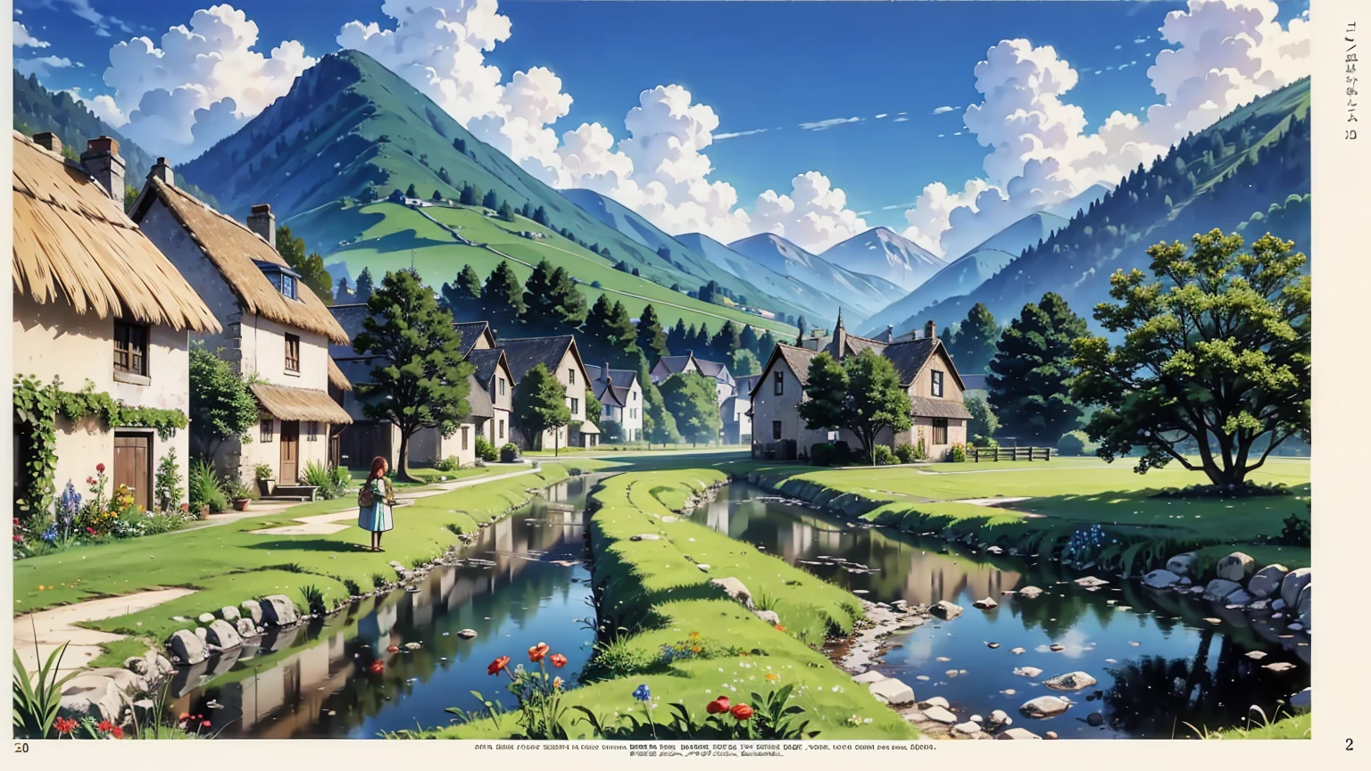 A remote, medieval village nestled in a fantasy landscape, perfect for a setting inspired by Celtic music. The village consists of several quaint cottages with thatched roofs, surrounded by lush green fields and dense forests. In the foreground, a young village maiden stands, wearing a simple but charming dress typical of the medieval era. She has long, flowing brown hair and a gentle expression, holding a basket of freshly picked wildflowers. Behind her, villagers go about their daily chores, while children play near a small, bubbling stream that runs through the village. In the background, rolling hills and a distant castle can be seen under a soft, cloudy sky. The atmosphere is peaceful, rustic, and full of charm, evoking a sense of simplicity and tranquility.