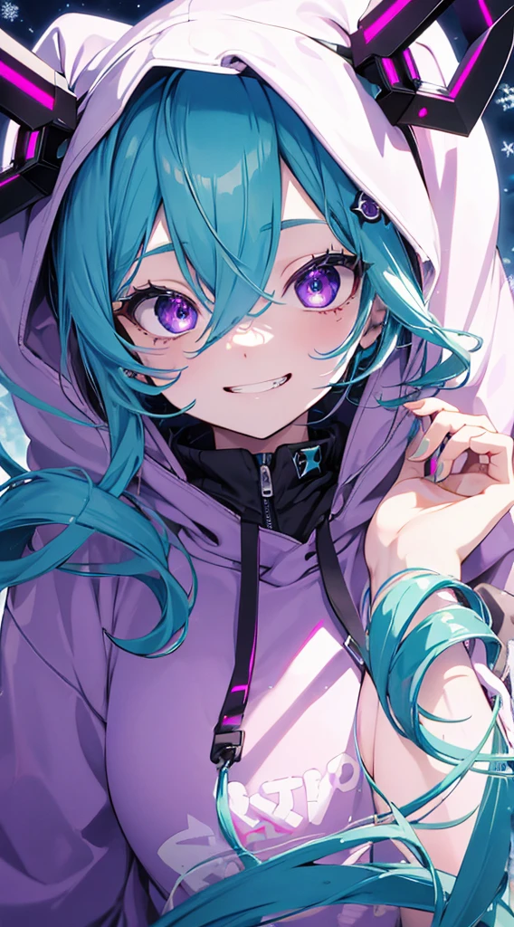 1eyes, big eyes, extreme close-up eyes, 1 girl, , Extreme closeup eyes, Hatsune Miku, evil grin, purple eyes, purple hoodie, snowflake hair ornament, smlie, 4K8D Illustration