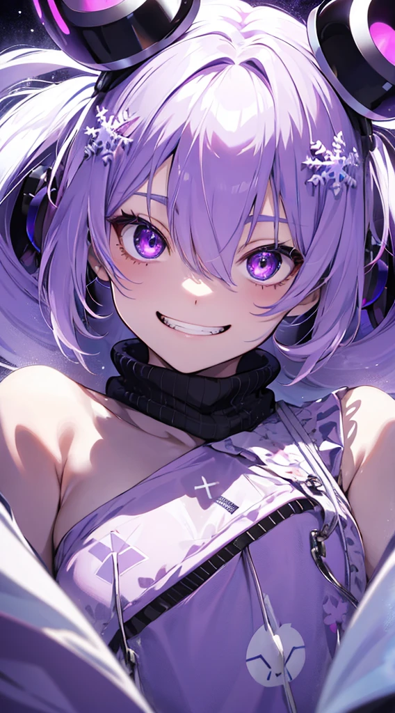 1eyes, big eyes, extreme close-up eyes, 1 girl, , Extreme closeup eyes, Hatsune Miku, evil grin, purple eyes, purple hoodie, snowflake hair ornament, smlie, 4K8D Illustration
