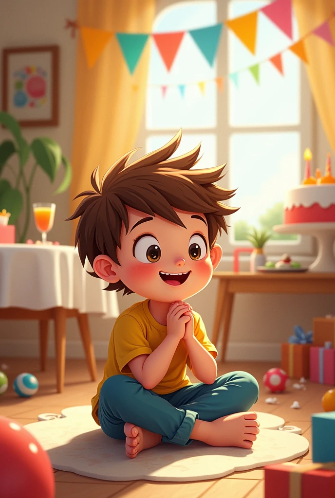 Cartoon of poor brown-haired boy waiting for gifts at his birthday party 