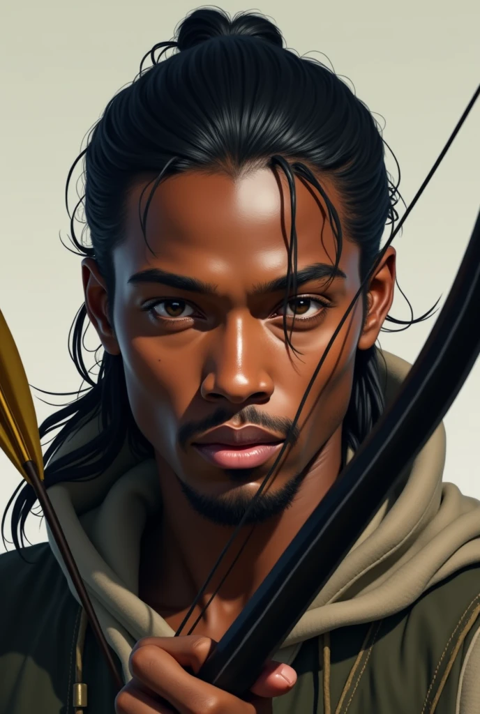 30 year old black man, shoulder length black hair, but tied behind. Square face with different eye colors holding a bow and arrow , masculine features