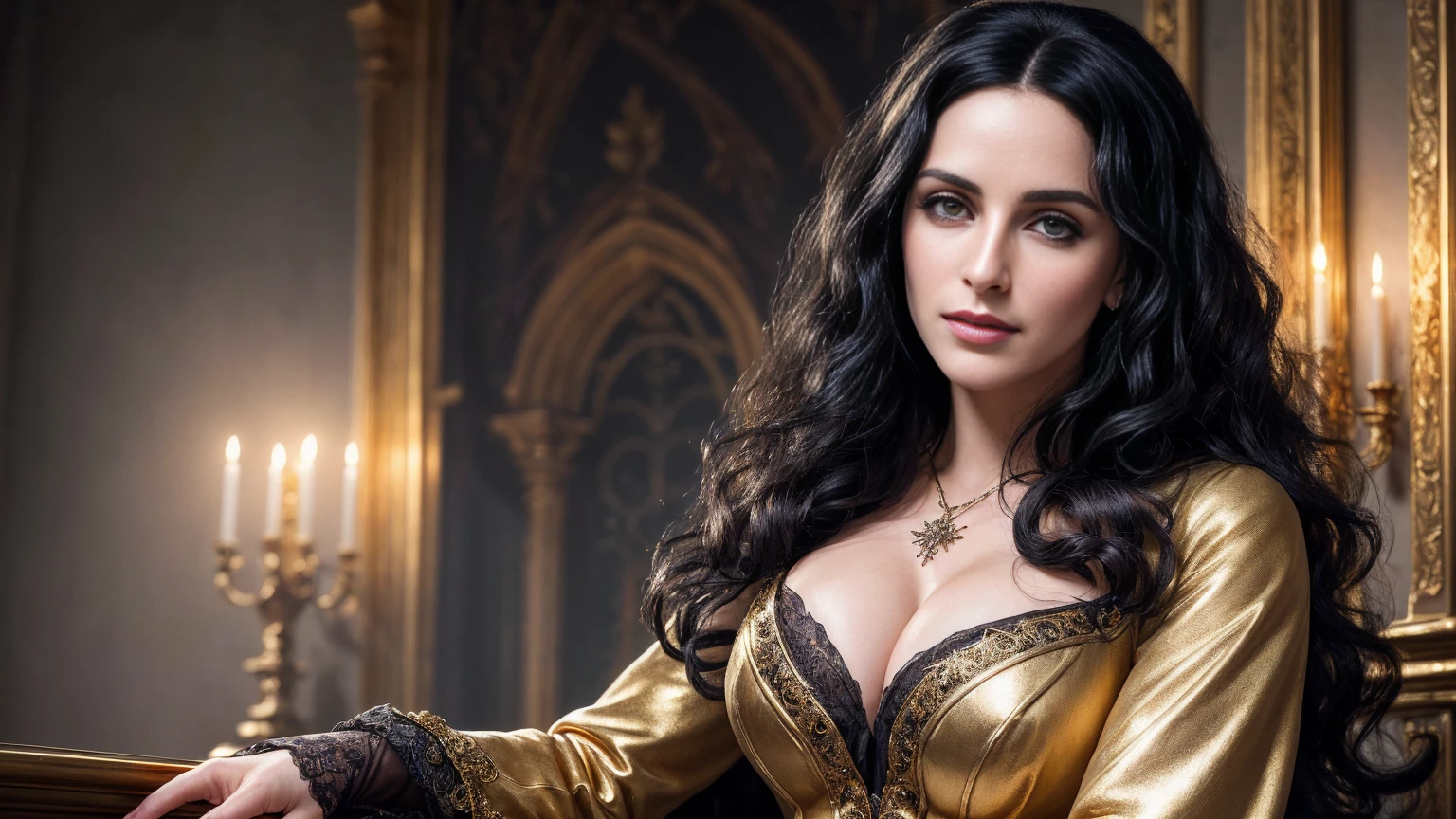 Masterpiece, Yennefer of Vengerberg, intricately detailed background, (UHD, 8K wallpaper, High resolution), Cinematic lighting, award-winning, extremely detailed skin, extra detailed face, high detail eyes, silky (gold) outfit, photo-realistic, Zeiss 85 mm F/1.4, by Ellen von Unwerth