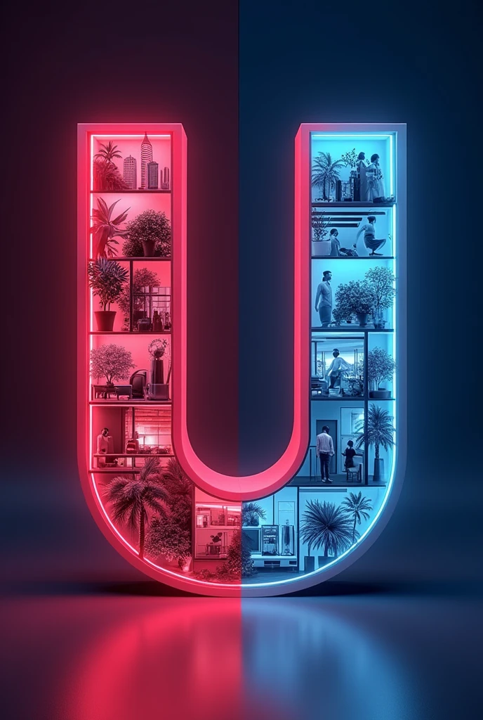 You're describing a unique visual concept where a bold letter "U" is divided into two sections. One section is filled with images related to business management, while the other is filled with images related to hotel management. The background of the image should be with red and blue neon light effect.