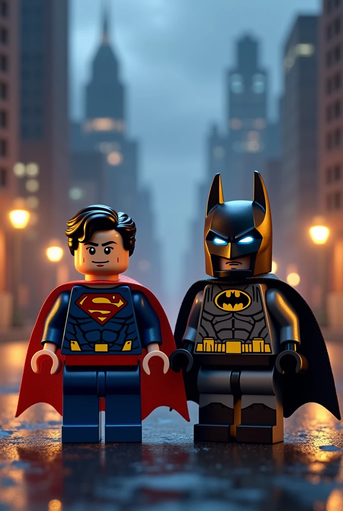 Superman and Batman in lego art, night