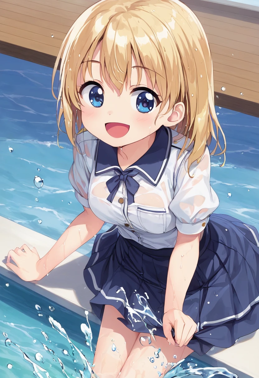 (8k, Highest quality, masterpiece: 1.2),Ultra-high resolution, 1 person, cute, solo,Highly detailed face, JK, uniform, blouse, ribbon, Box Skirt, navy blue, Slightly longer, Blonde, Blue Eyes, Ocean, Wavy, Soaking wet, splash, Water Play, Flooding, Childlike, The best smile, Date, Excited