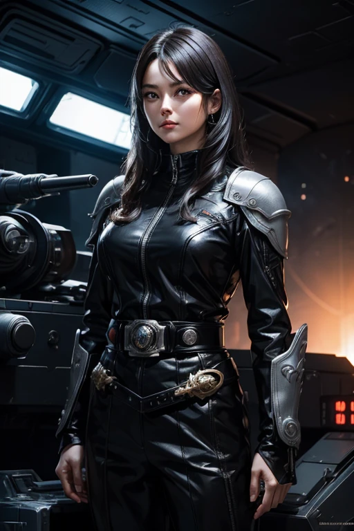 A beautiful woman stands in front of the command seat of a space battleship and takes command. Black hair. Mid 20's. He wears a black metallic battle uniform, and around his waist there is something reminiscent of Kamen Rider's transformation belt. 8K image quality.