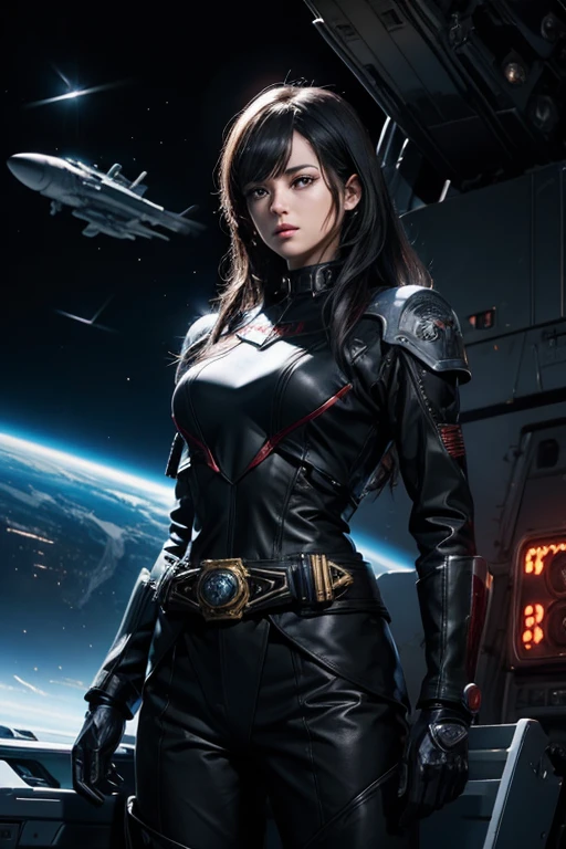 A beautiful woman stands in front of the command seat of a space battleship and takes command. Black hair. Mid 20's. He wears a black metallic battle uniform, and around his waist there is something reminiscent of Kamen Rider's transformation belt. 8K image quality.