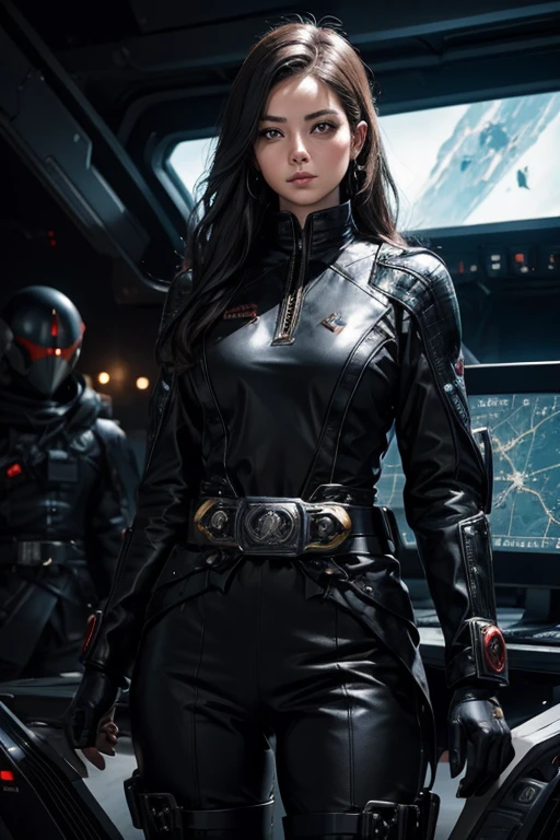 A beautiful woman stands in front of the command seat of a space battleship and takes command. Black hair. Mid 20's. He wears a black metallic battle uniform, and around his waist there is something reminiscent of Kamen Rider's transformation belt. 8K image quality.