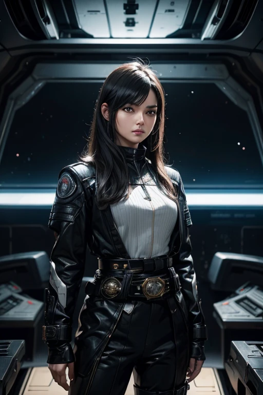 A beautiful woman stands in front of the command seat of a space battleship and takes command. Black hair. Mid 20's. He wears a black metallic battle uniform, and around his waist there is something reminiscent of Kamen Rider's transformation belt. 8K image quality.