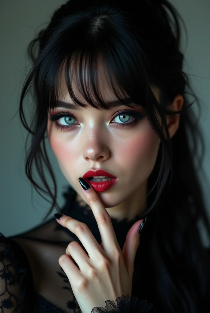 beautiful girl, black hair, bangs and long ponytail, natural blue eyes, strongly outlined gothic style eyes, high detail, pose of the index finger on the cheek, she looks expressively at the camera in a close-up detailing her beautiful face , cinematographic lighting, 8k, masterpiece