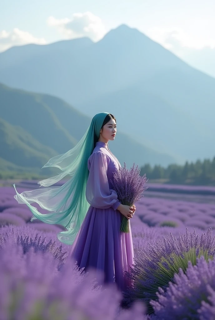 Beautiful Korean Girl , smooth white skin, well-groomed face,Green long hijab (purple) transparent,,,wearing a long wide dress.Warna purple, Long Sleeve Balloon Model, transparent, closed chest section, smiling thinly gracefully looking at the camera. ,standing pose,hand holding a bunch of lavender flowers, with her grace, hijab flowing in the air, the wind blows gently,, among the lavender plants, the high one. On a very beautiful and amazing mountain Under a cloudy sky covered in clouds, Latar Belakang terlihat dari atas gunung ladang bunga lavender membentang purple yang sangat indah menabjubkan..Original photo, Realistic