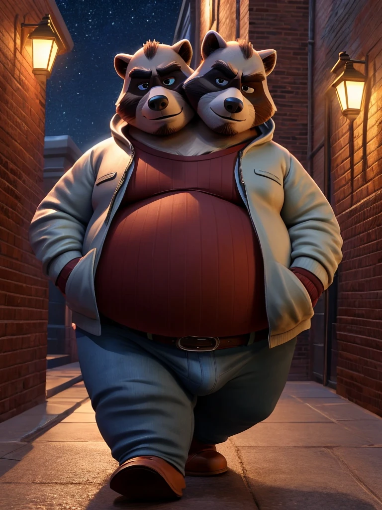 solo, raccoon, two identical heads on one body, bald, beards, raccoon ears, raccoon tail, masculine, necks, eyes, adult, male, 50 years old, stylized 3d, by disney, by rembrandt, by pixar, by dramamine, obese, overweight, fat, flabby, dadbod, chubby, big belly, rave background, dancing crowd, nude, small flaccid penis, hairy testicles, big nipples, correct hands, correct anatomy, ultradetailed, best quality, detailed masterpiece, highly detailed masterpiece, 4k, professional cartoon, expressive pose, detailed expressions, grinning, laughing, shouting, dancing