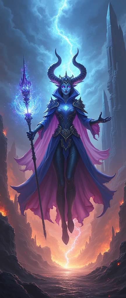 purple hair, elf, necromancer full body, darkness, skulls in the background, casting a spell