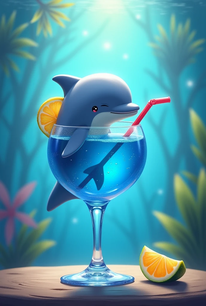 Blue lagoon cocktail drawn with a dolphin tenderly peeking out of the glass