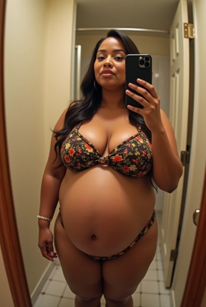Pov fisheye camera view when fat mother Cardi B plus size is 9 months 39 weeks pregnant taking a selfie wearing a bikini and holding an iPhone11 in front of the bathroom mirror with a big belly. HD, cinematic, 25k, ultra detail, extra-high shapering, masterpiece