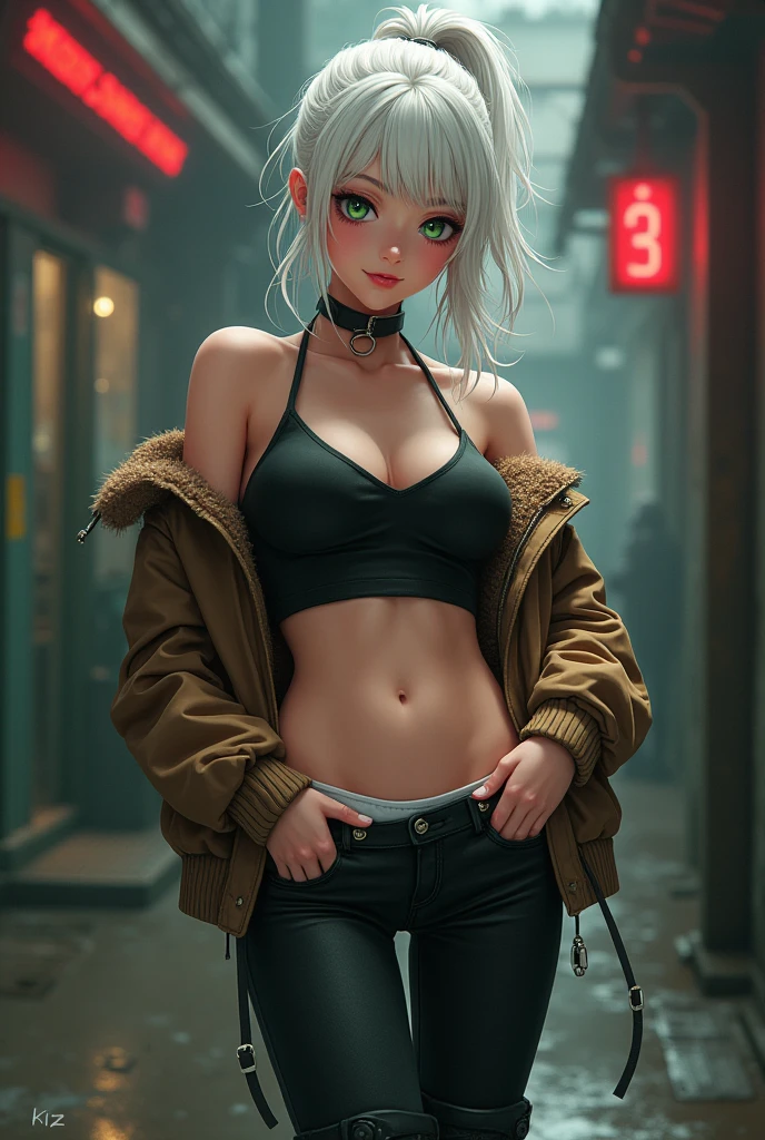 Kizi, pele caucasiana, 20 year, White hair, wearing black jeans, wearing black boots, White short tank top, with brown aviator jacket, greeneyes,curved body, cocked ass, medium breasts, cyberpunk atmosphere, Raby, アニメ, sexy pose lowering pants showing white panties, ahegao.Smile, Ponytail,