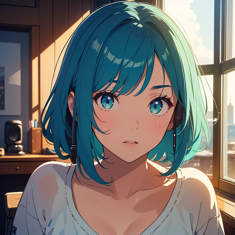 (beautiful girl: 1.3)、One girl、masterpiece、Highest quality、Ultra-high resolution、Perfect Face、Highly detailed face、Detailed eyes、Attractive eyes、Eye for detail、Detailed skin、Perfectly shaped、Symmetrical face、 Rich contrast、80s Anime、Vintage Anime、super high quality、8k、Highly detailed textures、Unbelievably absurd、Highly detailed CG unit wallpaper、RAW Photos、Depth of written boundary、16K、uhd、Perfect Anatomy、Cinematic Realism、Atmospheric lighting、Intricate details、Shadows in the movies、Cinema Lighting、In the room at home、Cute room、The room has a desk and a laptop、indirect lighting、Outside the large window is a late-night city、Night view、Lots of shooting stars、Full body view、Big, loose T-shirt、Modern clothing、Realistic clothing、Pale emerald green hair、Medium Short Hair、A melancholic look、Dark、Dark shading、Dynamic Angle、Rainbow Headphones,Listening to music、