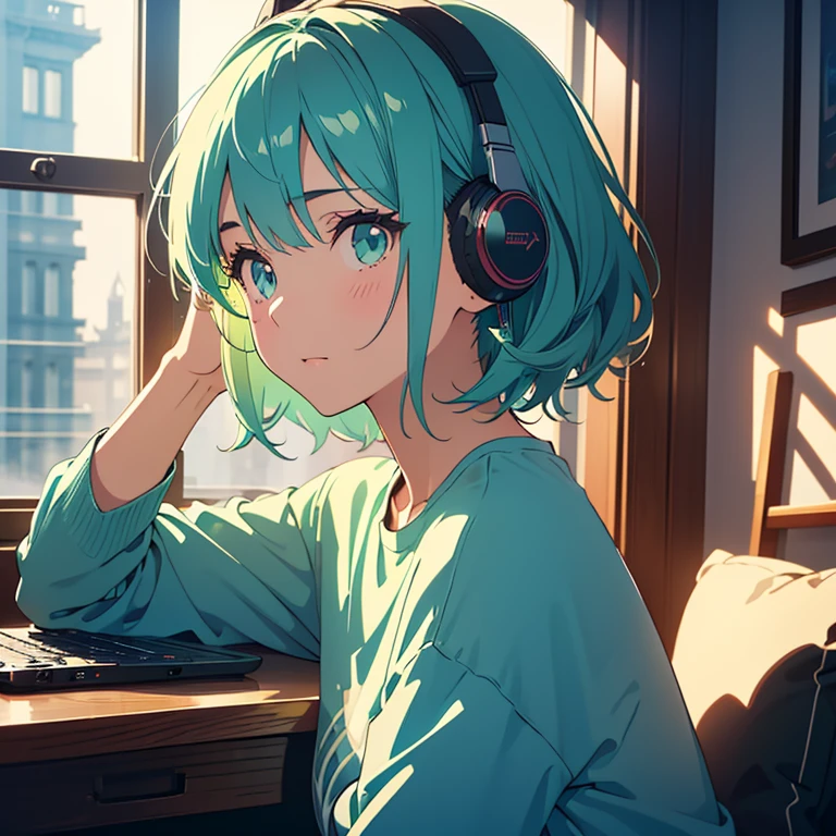 (beautiful girl: 1.3)、One girl、masterpiece、Highest quality、Ultra-high resolution、Perfect Face、Highly detailed face、Detailed eyes、Attractive eyes、Eye for detail、Detailed skin、Perfectly shaped、Symmetrical face、 Rich contrast、80s Anime、Vintage Anime、super high quality、8k、Highly detailed textures、Unbelievably absurd、Highly detailed CG unit wallpaper、RAW Photos、Depth of written boundary、16K、uhd、Perfect Anatomy、Cinematic Realism、Atmospheric lighting、Intricate details、Shadows in the movies、Cinema Lighting、In the room at home、Cute room、The room has a desk and a laptop、indirect lighting、Outside the large window is a late-night city、Night view、Lots of shooting stars、Full body view、Big, loose T-shirt、Modern clothing、Realistic clothing、Pale emerald green hair、Medium Short Hair、A melancholic look、Dark、Dark shading、Dynamic Angle、Rainbow Headphones,Listening to music、