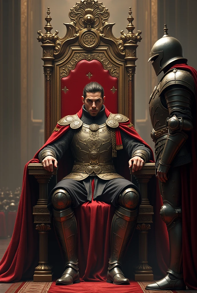 handsome man, sitting in a throne, in his side there is a Knight holding his sword, 