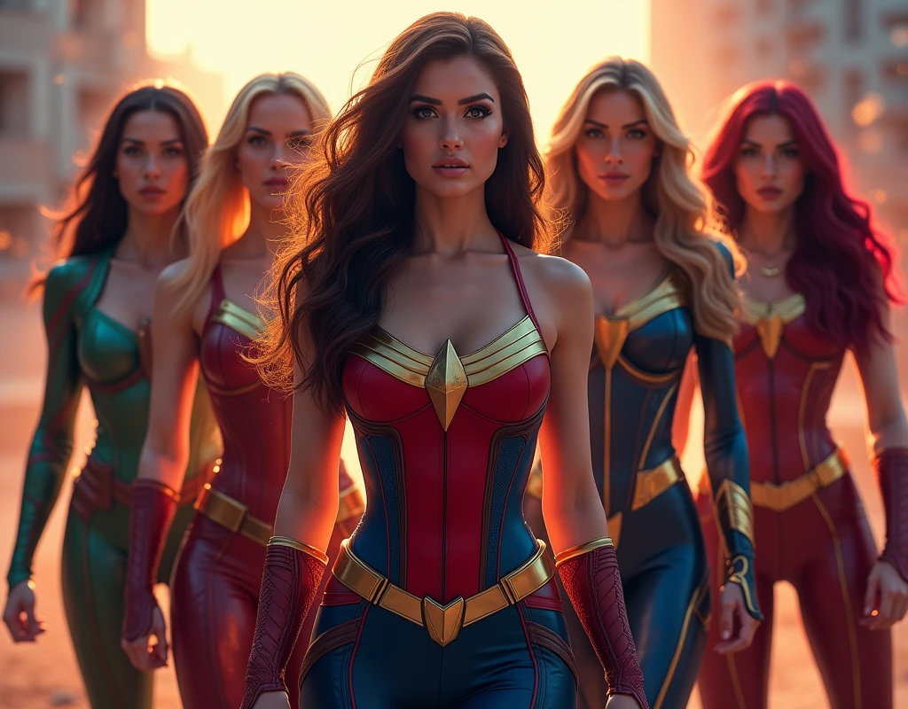 A group of 5 female superheroes from the Marvel universe, beautiful detailed eyes, beautiful detailed lips, extremely detailed eyes and face, long eyelashes, dynamic action poses, muscular athletic bodies, colorful comic book style, cinematic lighting, vibrant colors, (best quality,4k,8k,highres,masterpiece:1.2),ultra-detailed,(realistic,photorealistic,photo-realistic:1.37),dynamic composition, dramatic shadows, cinematic framing, heroic and powerful