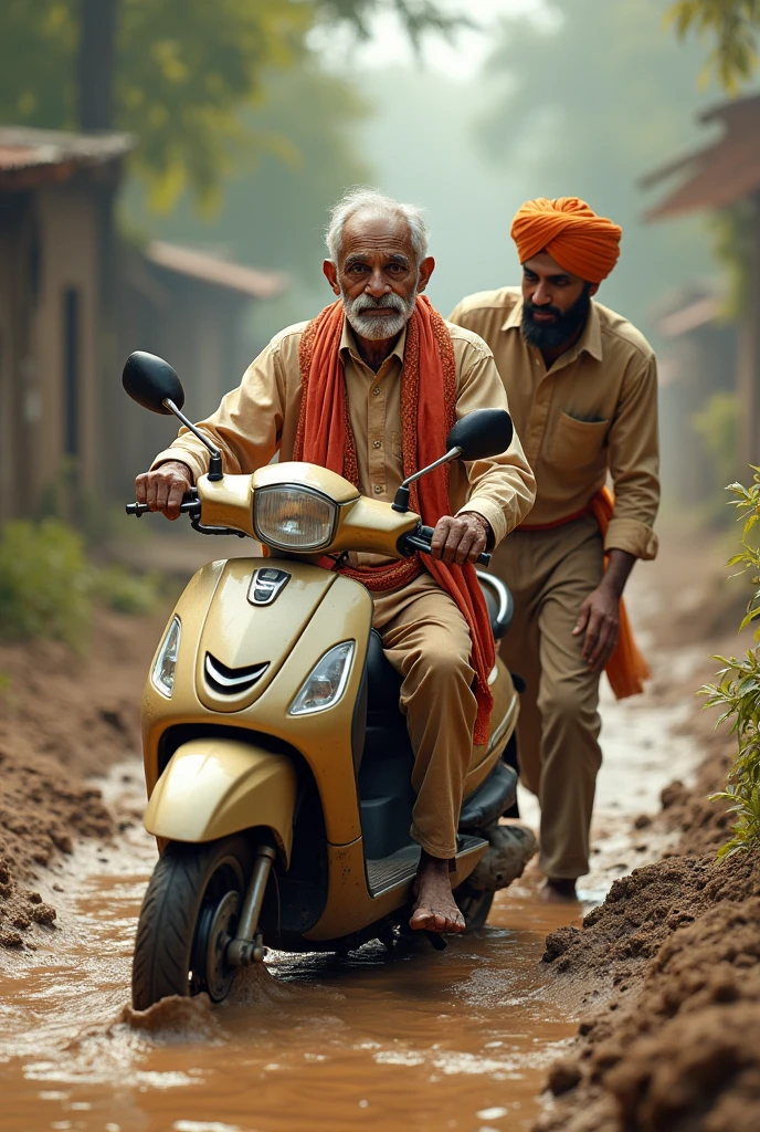 Ek uncle hai jinka scooter kichad mein fas Gaya hai unki help ladka Karta hai piche se vah dhakka de raha hai jismein shaadi ki sherwani pahani hai aur sar per sehra lagaya hai back images