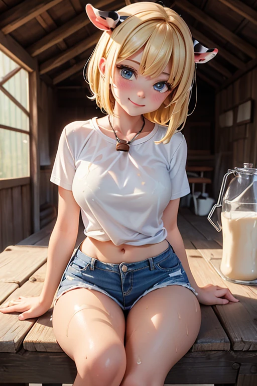 Kizi, , 145 cm tall, appealing, with soft European features, light blonde hair, big-ass, breasts big, wearing short jean shorts, (wearing plaid shirt: 1.2), wearing short boots, (inside an old wooden barn: 1 2), (girl wet with milk: 1.3), (milking a cow: 1.3), (sitting on a small wooden bench: 1,2), gazing at viewer, (with your back to the observer: 1,3), smiling sensually at the viewer.