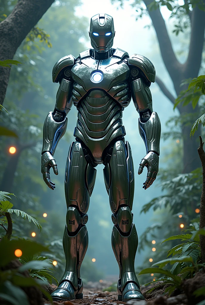 best qualityer,work of art,realisitic,sky,natta,1 girl, Shiny chrome wick_robô like ironman, giant,relic scenes,rainforest background,cyber punk,water,(neon lights:0.7),rim lighting,transformers style
