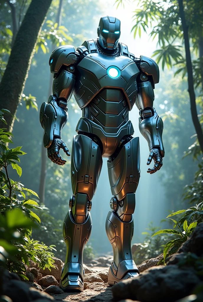 best qualityer,work of art,realisitic,sky,natta,1 girl, Shiny chrome wick_robô like ironman, giant,relic scenes,rainforest background,cyber punk,water,(neon lights:0.7),rim lighting,transformers style