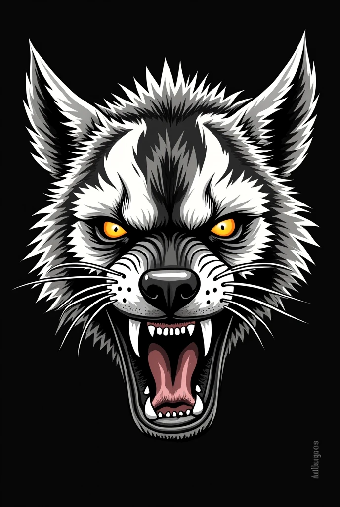 Imagine an old-school tattoo-style drawing of a black and white striped hyena, she is growling from the front, Enraged. His eyes are yellow with anger, she proves to be dangerous and proud