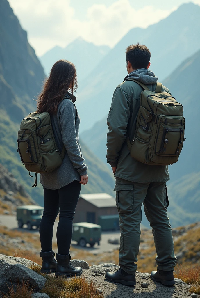 Two scientists, a woman with loose hair and a man. They are on a mountain overlooking a secret base . that there are 3 military vehicles parked outside the secret base. And a mountainous background can be seen. The female scientist is wearing a grey sweater and dark trousers, both with backpacks.