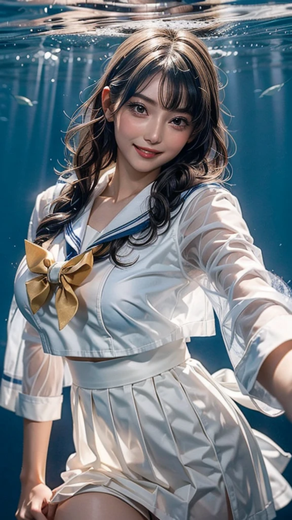 (See through:1.2),White Seraphim,Sailor suit, White Theme,school uniform, Sailor suit, View your viewers,  Insanity, Disheveled long hair, Beautiful attention to detail,Hair shines,Elevation,Blue sailor collar, Firm breasts,((Natural huge breasts:1.2)),A light smile,Partially underwater...