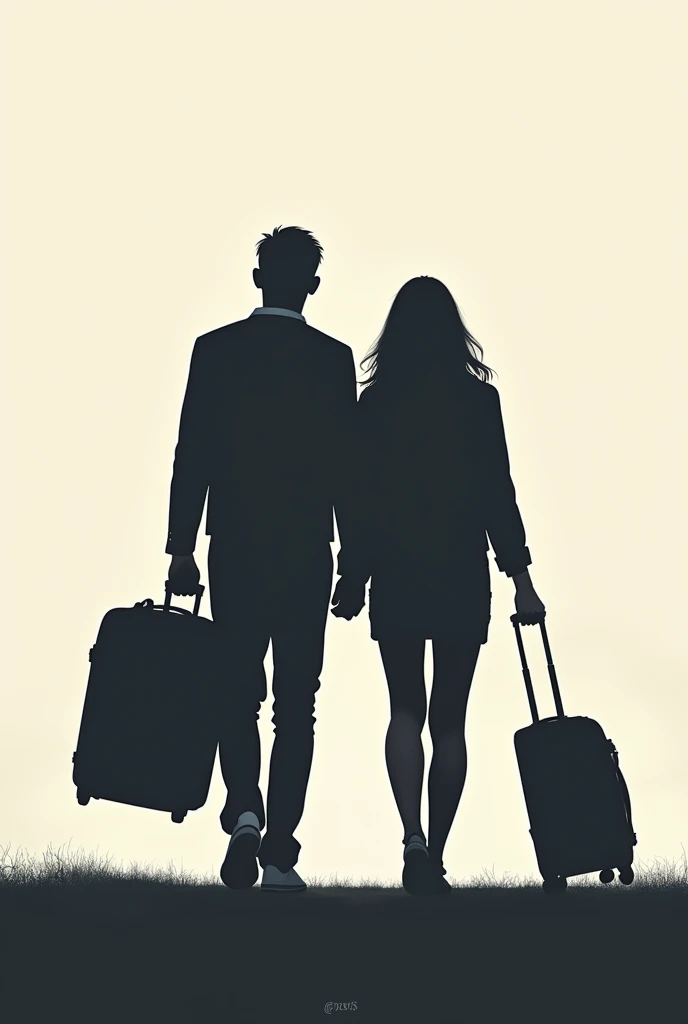 couple with their backs turned carrying a suitcase.