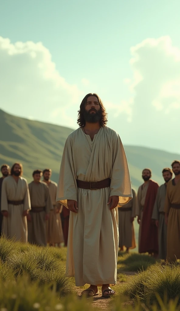"Jesus standing on a hillside, wearing simple robes, 1st century, calling twelve men to follow Him, the twelve men in humble clothing, a serene landscape with a clear sky in the background, hyper-realistic, photo realism, cinematography -- ar 9:16"