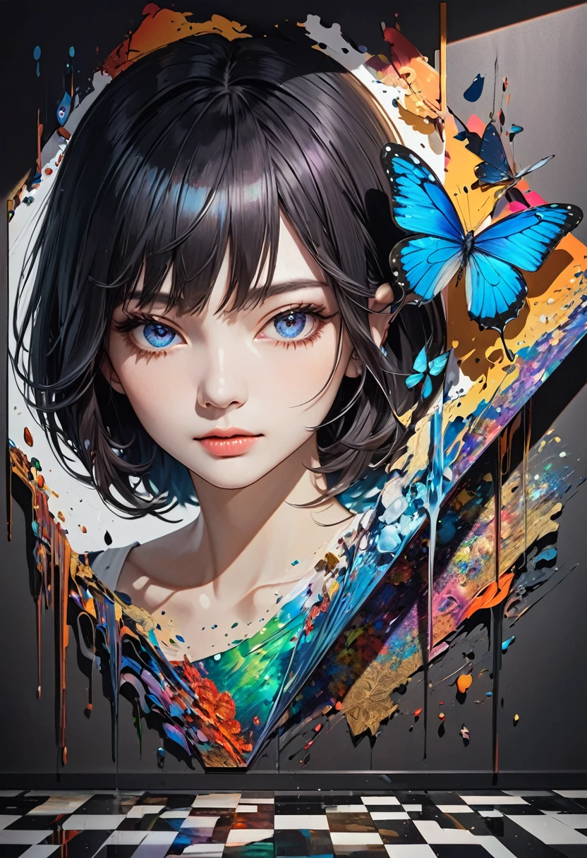 fusion of acrylic and collage dark color paintings, high and fine artwork, cool beauty, looking at viewer, shadows, contrast, conceptual installation art, (ultra detailed, absolutely resolution, best quality:1.3), 2.5D, delicate and dynamic effects, iridescent effects, artistic photography, hyper realistic, graphic CG digital art