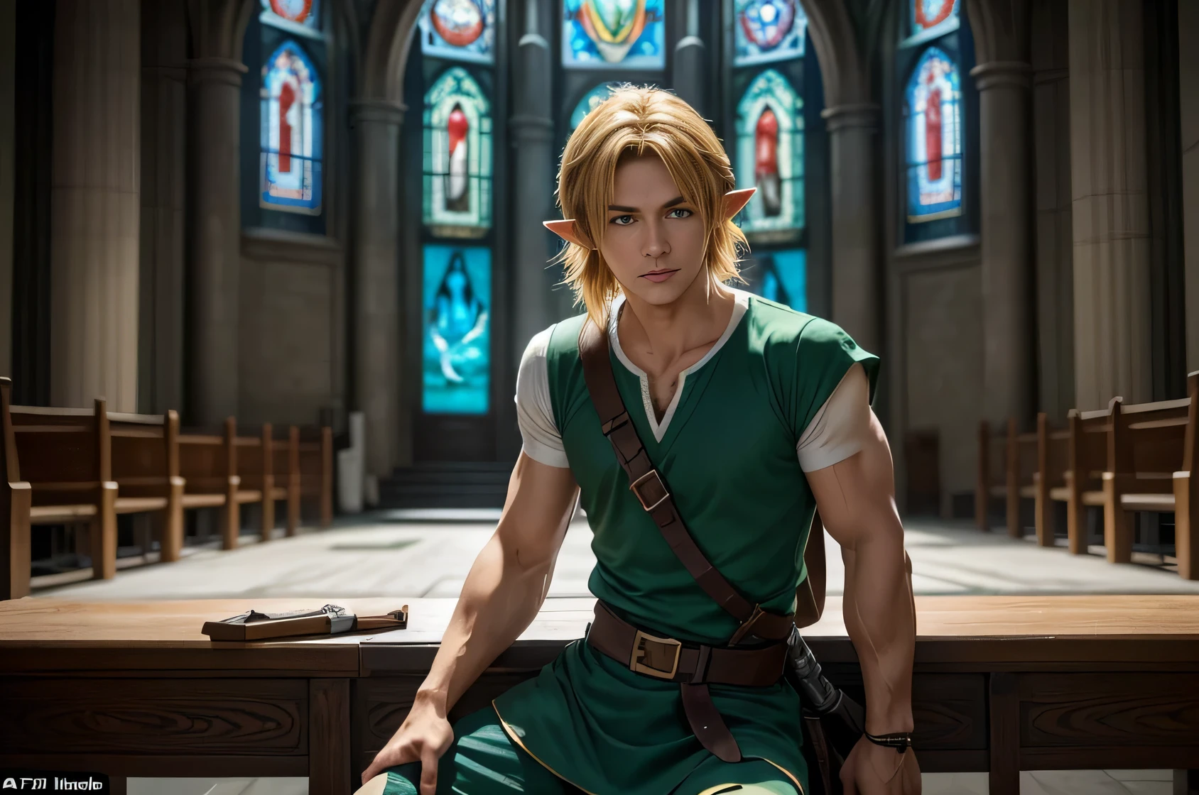 Very detailed, Live Action、Ultra-realistic digital portrait of Link from The Legend of Zelda, Very detailed facial features, Piercing blue eyes, Sharp jawline, disheveled golden hair, Confident expression, Green elf clothes The interior of the church is bathed in a warm, soft light from the stained glass windows, casting gentle hues across the stone walls and floor. Link’s face shows a mixture of relief and steadfast resolve, with his strong jawline and confident stance. He may be resting one hand on the hilt of his sword or adjusting his gear, ready to continue his quest even in this moment of respite.