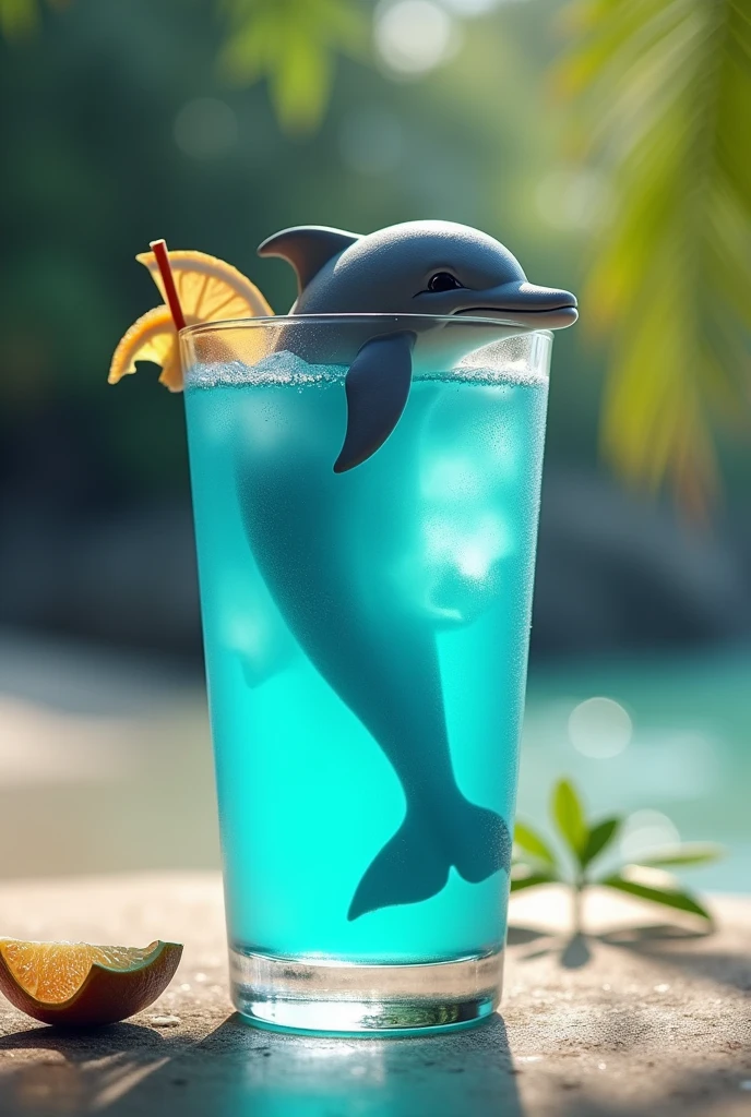 Blue lagoon cocktail drawn with a dolphin peeking out supported by the glass