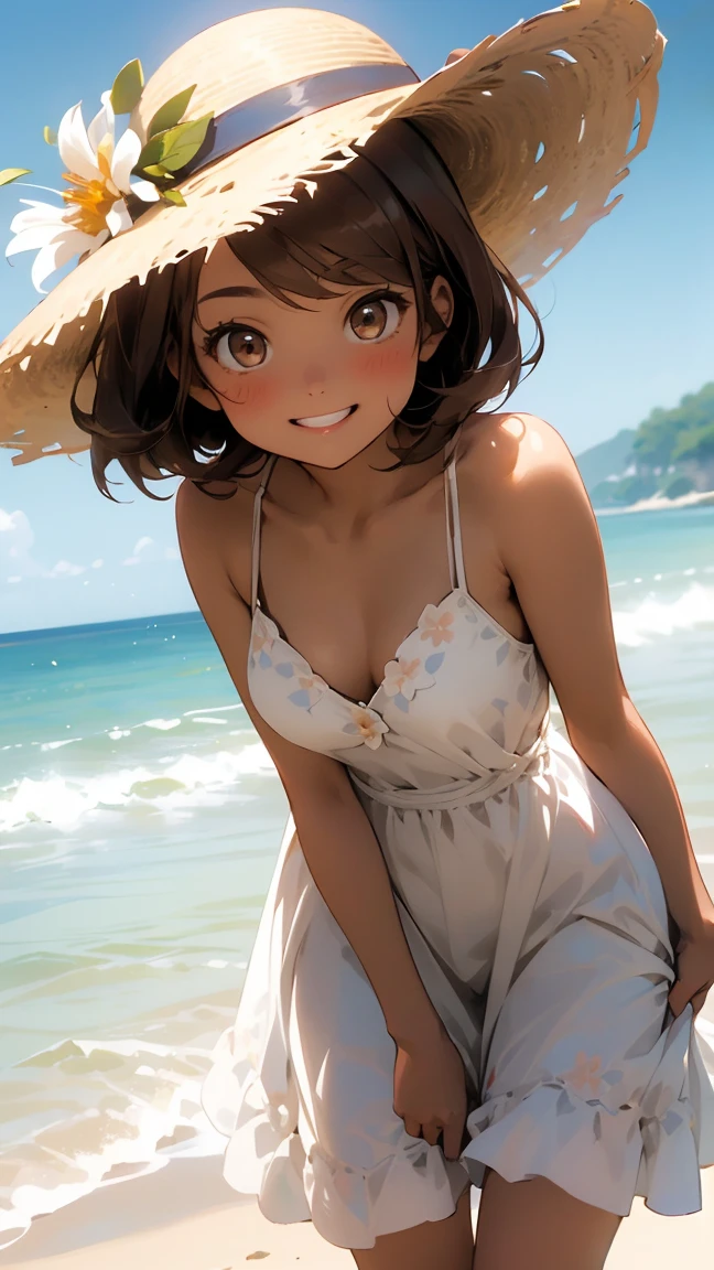 (Best quality, dynamic lighting, highly detailed, HDR) Brown haired young woman, mature, beautiful, bob hair, brown eyes, slim, medium-small breasts, white floral summer dress, summer hat, bare shoulder, cleavage, sleeveless, smiling, head shot, beach background.