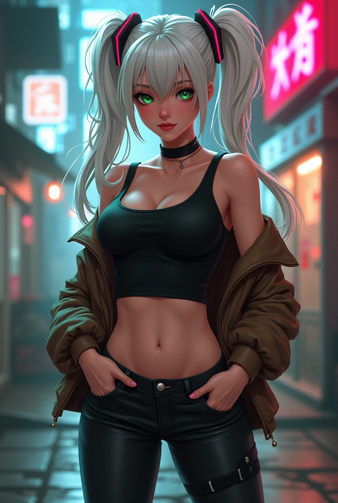 Kizi, pele caucasiana, 20 year, White hair, wearing black jeans, wearing black boots, White short tank top, with brown aviator jacket, greeneyes,curved body, cocked ass, medium breasts, cyberpunk atmosphere, Raby, アニメ, sexy pose lowering pants showing white panties, ahegao.Smile,Twintails,