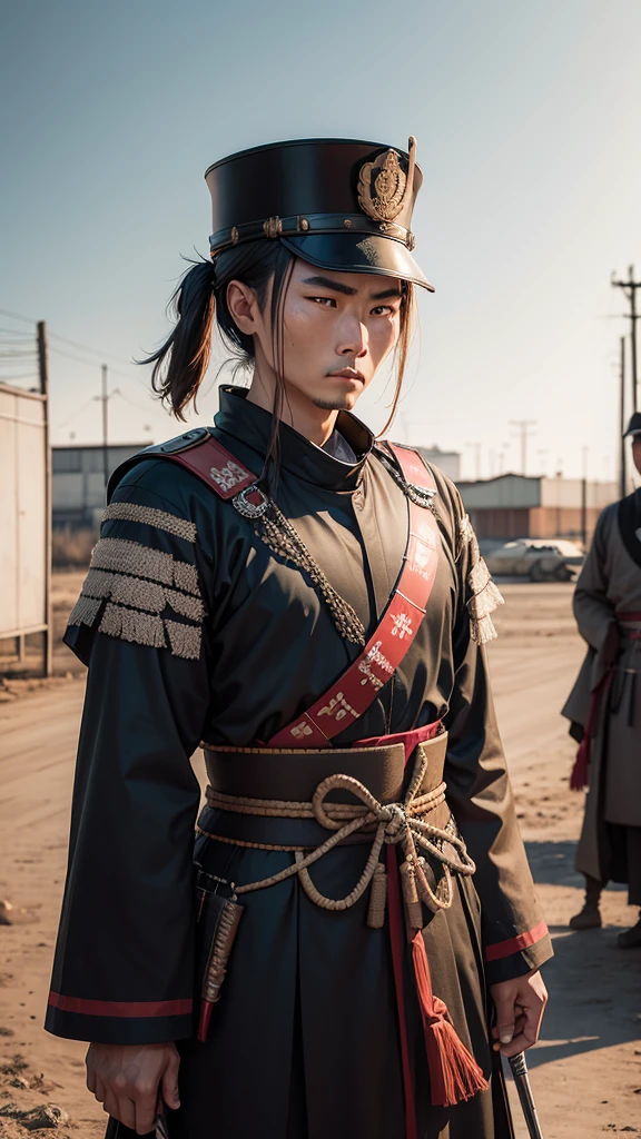 Samurai dressed in military uniform. Against the backdrop of the military wards. in Kazakhstan