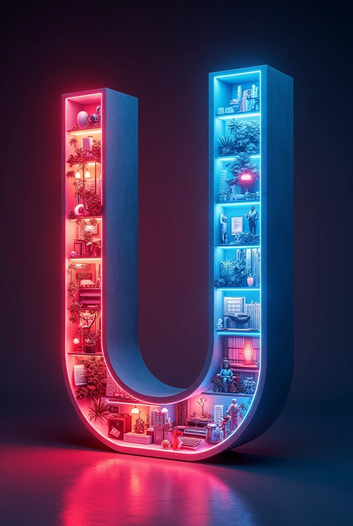 You're describing a unique visual concept where a bold letter "U" is divided into two sections. One section is filled with images related to business management, while the other is filled with images related to hotel management. The background of the image should be with red and blue neon light effect.